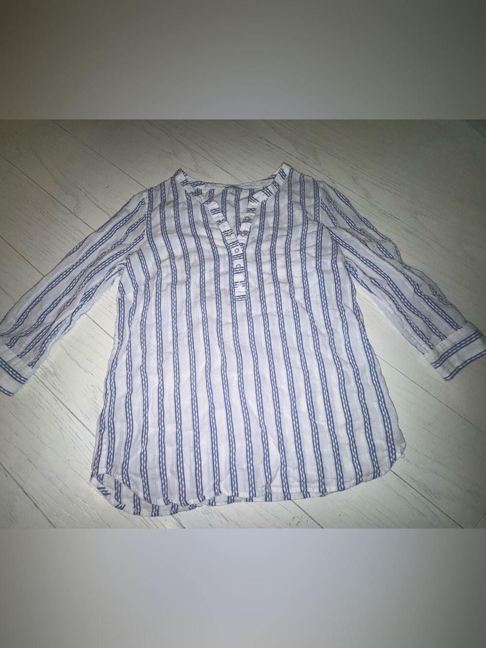 Talbots White Tunic with Navy Vertical Stripes